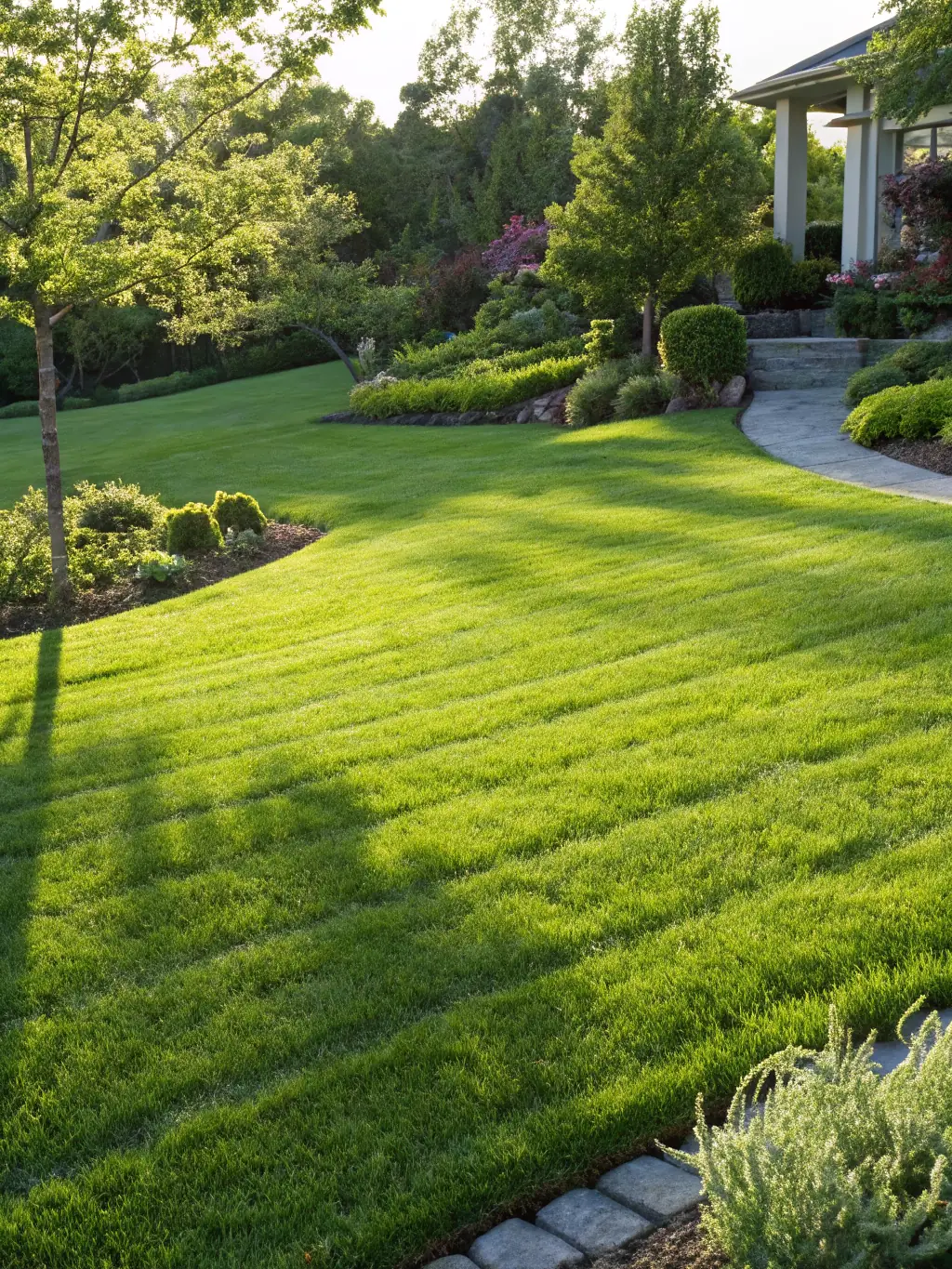 A vibrant lawn with clearly defined healthy grass and minimal weeds, showing effective weed control.