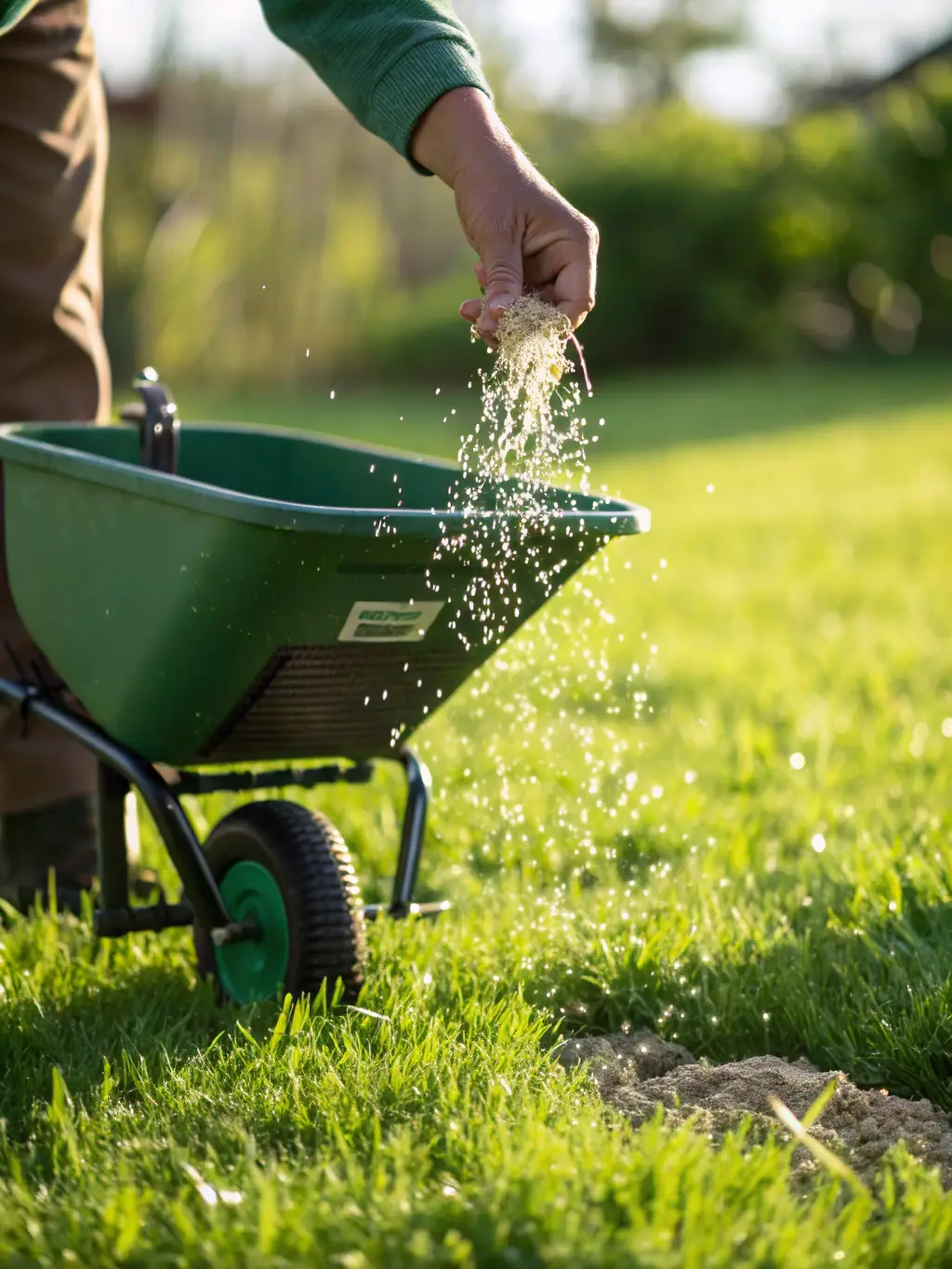 A close-up of a lush, vibrant green lawn being fertilized with a professional spreader, illustrating healthy growth.
