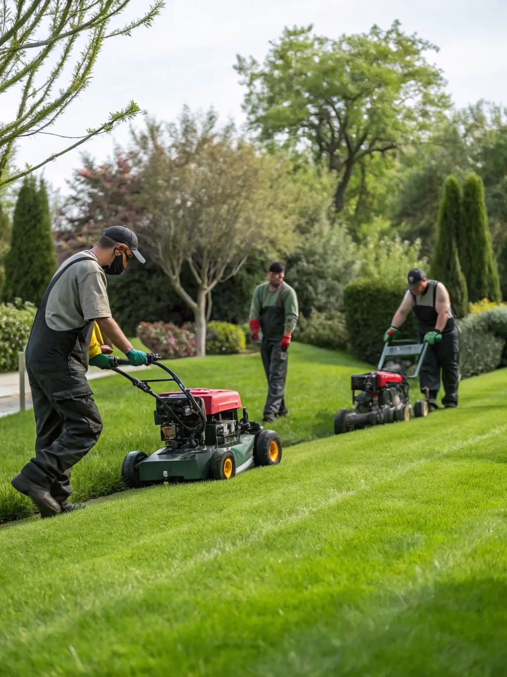 A team of landscapers clearing fallen leaves and debris from a well-maintained lawn during fall.