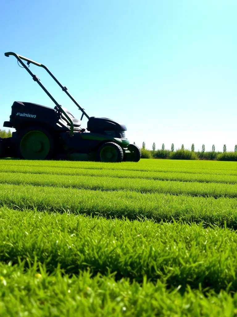 A perfectly striped, lush green lawn after a fresh mow by Ruell's Lawns, showcasing the precision and care taken in lawn mowing services.