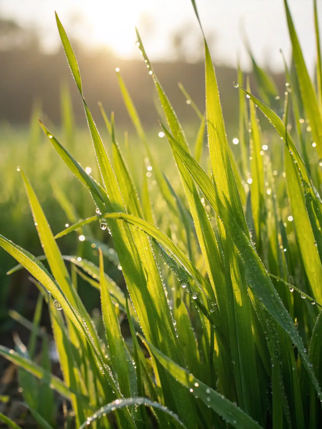 Close-up of healthy grass blades with fertilizer granules, illustrating Ruell's Lawns' commitment to providing essential nutrients for a vibrant lawn.